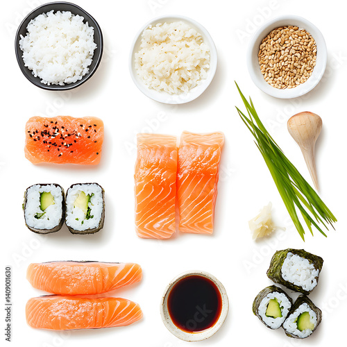 Obraz na płótnie salmon in various forms and production processes, from raw cuts and packaging to cooking, serving, and seafood industry scenes. Generative AI Illustration w salonie