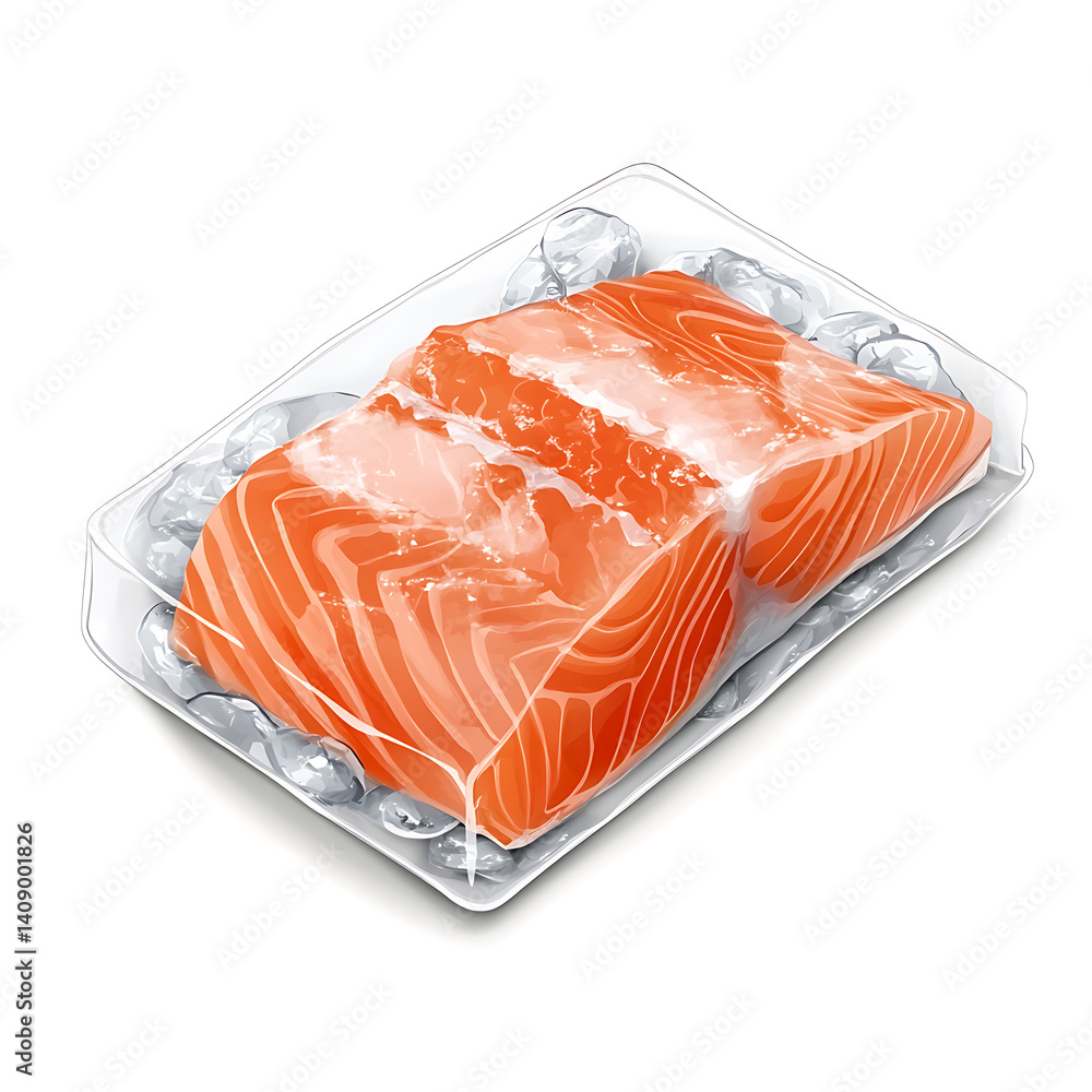 salmon in various forms and production processes, from raw cuts and packaging to cooking, serving, and seafood industry scenes. Generative AI Illustration