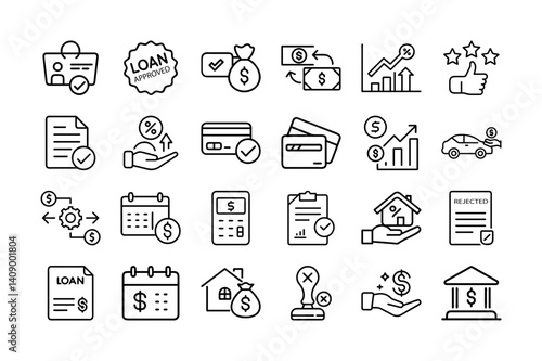 Loan, Credit, and Finance Icon Set – Banking, Approval, and Money Management Graphics

