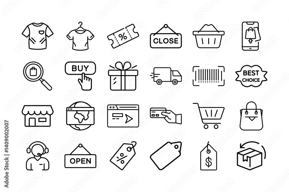 E-commerce & Shopping Icon Set – Retail, Online Store, Payment, Delivery, and Discount Line Icons
E-commerce & Shopping Icon Set – Retail, Online Store, Payment, Delivery, and Discount Line Icons