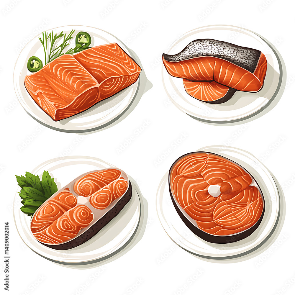 salmon in various forms and production processes, from raw cuts and packaging to cooking, serving, and seafood industry scenes. Generative AI Illustration