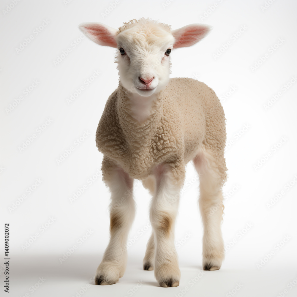 Standing Lamb Animal with White Woolly Fur on White Background Studio Shot Standing Lamb Animal with White Woolly Fur on White Background Studio Shot