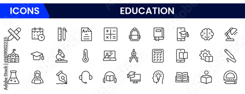 Vector illustration web line icon collection featuring education symbols like books, graduation cap, online learning, diploma, school, pencil, e-learning, teacher, and classroom tools.
