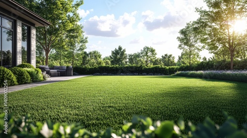 A quiet, open backyard with fresh green grass and a bright blue sky overhead, no trees around