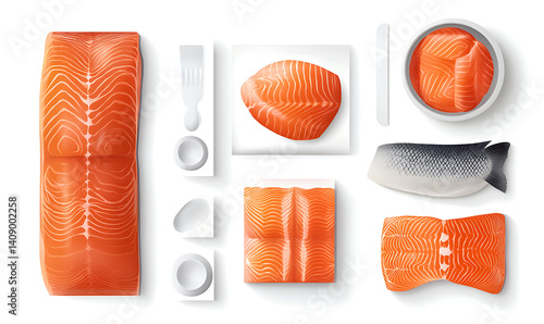 Obraz na płótnie salmon in various forms and production processes, from raw cuts and packaging to cooking, serving, and seafood industry scenes. Generative AI Illustration w salonie