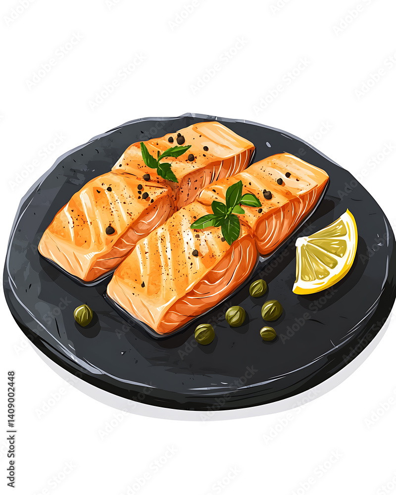 salmon in various forms and production processes, from raw cuts and packaging to cooking, serving, and seafood industry scenes. Generative AI Illustration