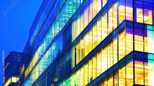 Modern office building with brightly lit windows glowing at night.
