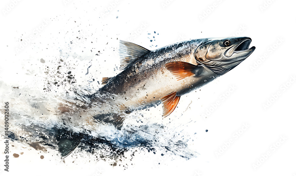 salmon in various forms and production processes, from raw cuts and packaging to cooking, serving, and seafood industry scenes. Generative AI Illustration