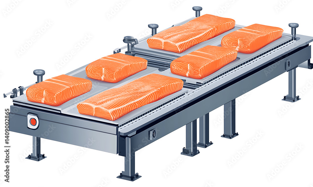 salmon in various forms and production processes, from raw cuts and packaging to cooking, serving, and seafood industry scenes. Generative AI Illustration