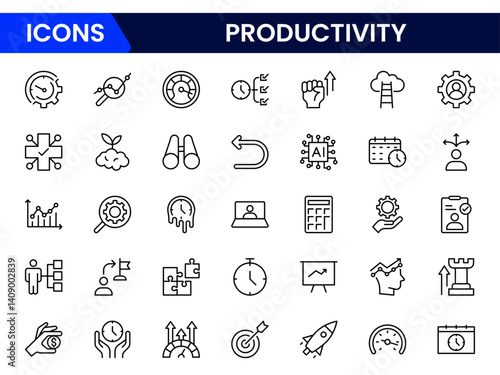 Vector illustration web line icon collection representing productivity tools, task management, efficiency, time tracking, and goal-setting symbols for optimized performance.