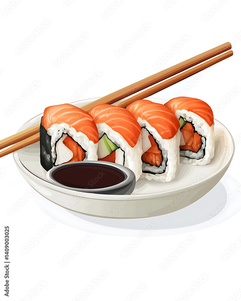 salmon in various forms and production processes, from raw cuts and packaging to cooking, serving, and seafood industry scenes. Generative AI Illustration