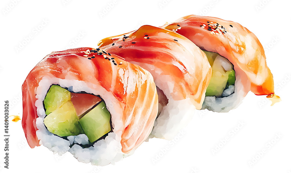 salmon in various forms and production processes, from raw cuts and packaging to cooking, serving, and seafood industry scenes. Generative AI Illustration