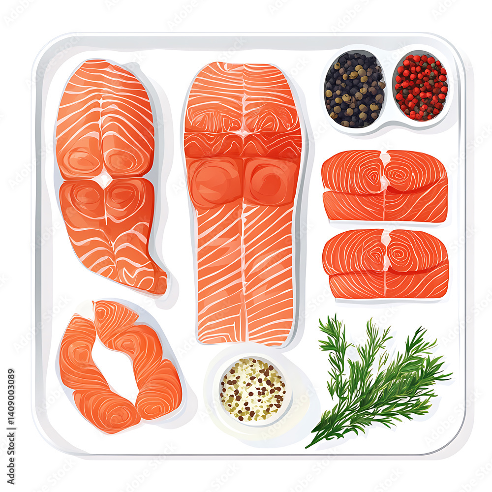 salmon in various forms and production processes, from raw cuts and packaging to cooking, serving, and seafood industry scenes. Generative AI Illustration