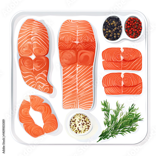 Obraz na płótnie salmon in various forms and production processes, from raw cuts and packaging to cooking, serving, and seafood industry scenes. Generative AI Illustration w salonie