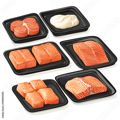 salmon in various forms and production processes, from raw cuts and packaging to cooking, serving, and seafood industry scenes. Generative AI Illustration