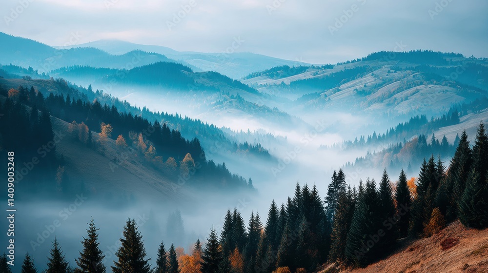 Obraz premium Misty mountains with evergreen trees in tranquil landscape.