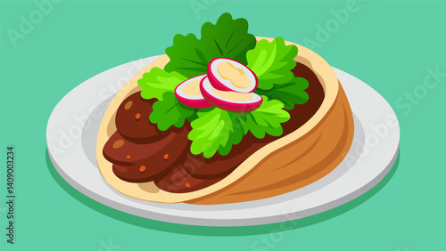 Juicy chunks of tender slowcooked beef are carefully p on freshly made corn tortillas topped with cilantro onions and a squeeze of lime.. Vector illustration