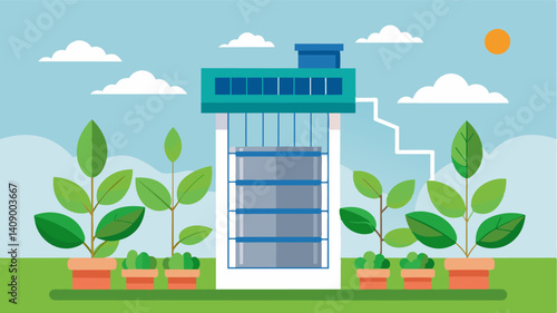 Indoor Air Purification Advanced air filtration systems keep the air inside the vertical farm pure and free of contaminants ensuring healthy crops.. Vector illustration