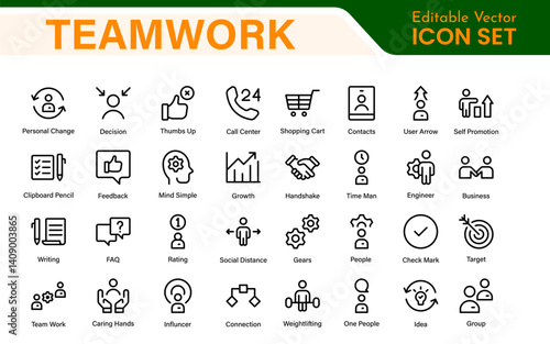 Teamwork linear icons collection. Set of coworking space icons. Business teamwork, team building, work group, and human resources minimal thin line web icon set.