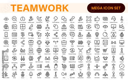 Teamwork linear icons collection. Set of coworking space icons. Business teamwork, team building, work group, and human resources minimal thin line web icon set.