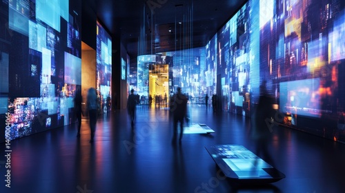 Wallpaper Mural A modern exhibition space with vibrant digital displays illuminating the dark interior, showcasing innovative technology and design. Torontodigital.ca