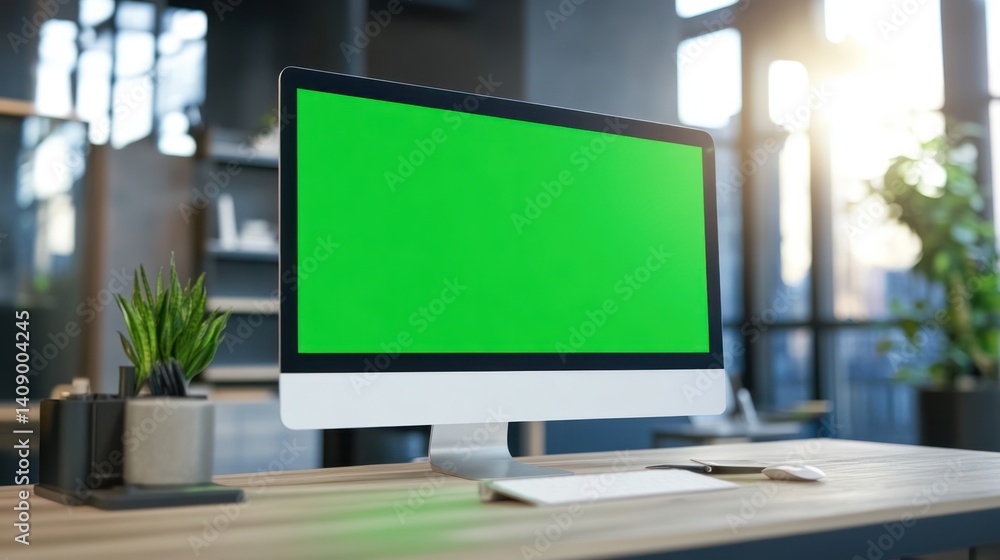 Fototapeta premium A modern workspace featuring a blank computer screen ready for your creative ideas, surrounded by greenery for inspiration.