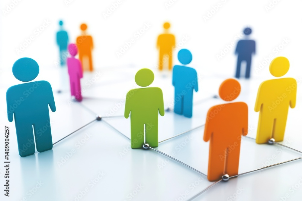This illustration features colorful people icons connected in a network, symbolizing social interaction and collaborative relationships in a modern digital environment. This illustration features colorful people icons connected in a network, symbolizing social interaction and collaborative relationships in a modern digital environment.