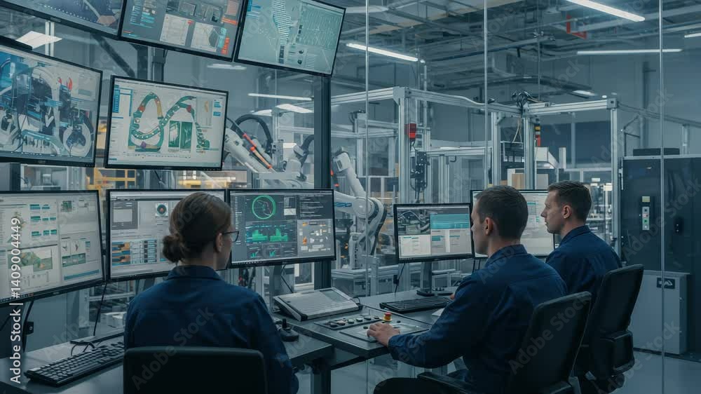 Team of Professionals Analyzing Data on Multiple Monitors in High-Tech Industrial Workspace Team of Professionals Analyzing Data on Multiple Monitors in High-Tech Industrial Workspace