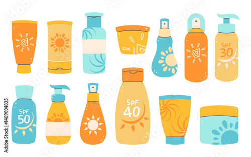 Set of colorful sunscreen bottles and lotions with SPF labels. Ideal for summer, beach, or skincare projects