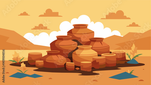 Piles of cracked and broken clay pots surround the well their usefulness forgotten in the absence of water.. Vector illustration