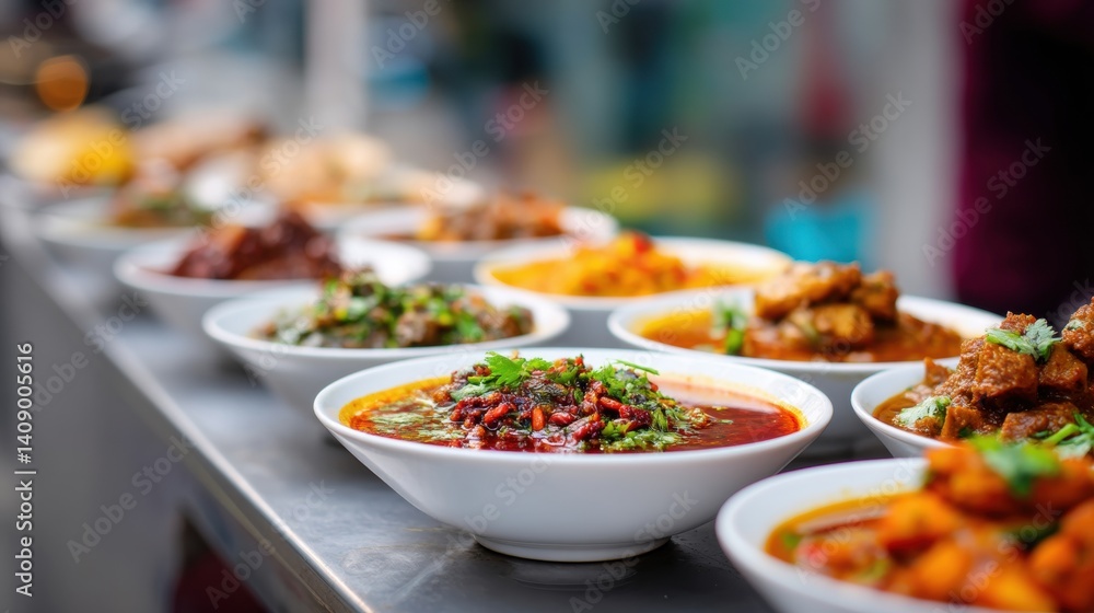 Colorful bowls of various dishes displayed on a table. Colorful bowls of various dishes displayed on a table.