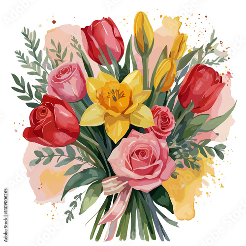 Watercolor bouquet of roses tulips and daffodils, pink red yellow and green, floral arrangement for gifting