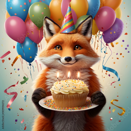 Joyful fox wearing birthday hat holding cupcake against balloons and confetti background