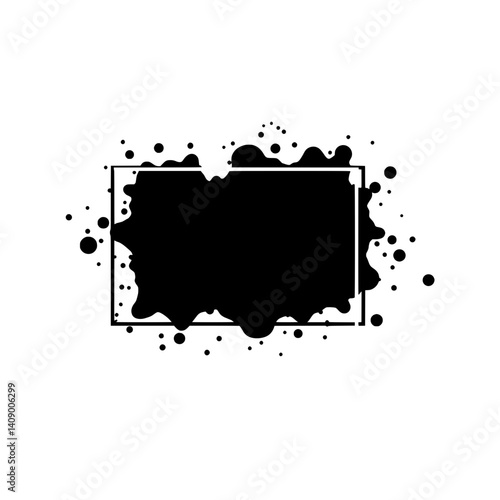 Abstract Ink Blob: A striking black ink blob, enclosed within a neat frame, surrounded by scattered droplets, creating a bold graphic perfect for visual concepts.