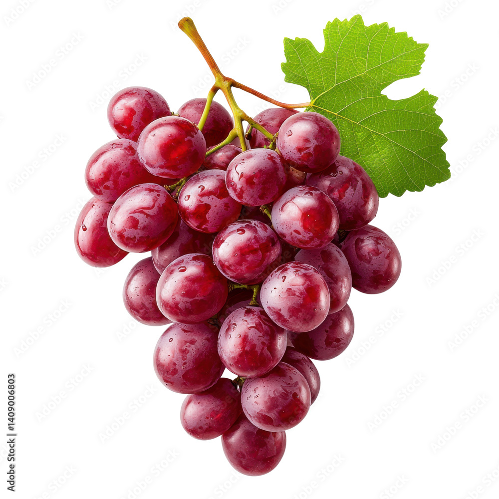 Fototapeta premium Fresh Bunch of Red Grapes with Lush Green Leaf Isolated on White Background