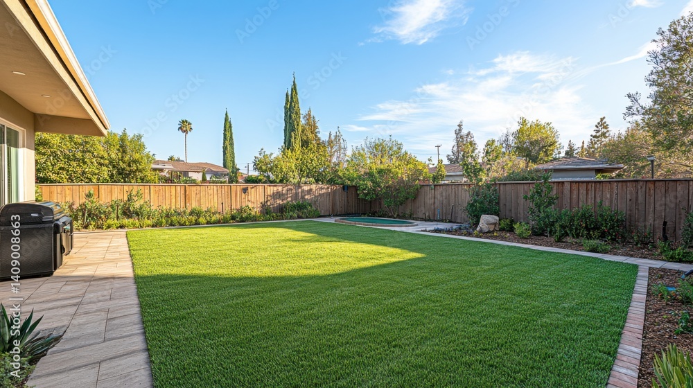Obraz premium An empty, open backyard with vibrant grass and a stunning blue sky, no trees in the distance 