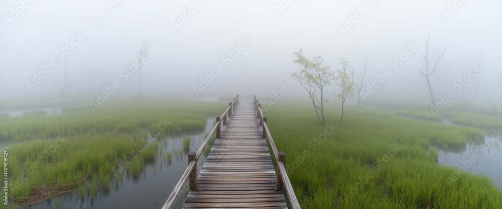 Fototapeta premium Serene Wooden Footbridge in Misty Marsh Landscape Tranquil Nature Scene