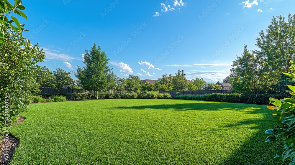 An open, empty backyard with green grass and a peaceful, cloudless blue sky, no trees in sight An open, empty backyard with green grass and a peaceful, cloudless blue sky, no trees in sight