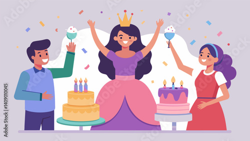 Celebratory cheers erupted as the quincea era blew out the candles on her beautifully decorated pastel de quincea era a cake traditionally served at these special occasions.. Vector illustration