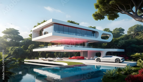 Wallpaper Mural Luxury modern house architecture design with pool and car in nature landscape illustration Torontodigital.ca