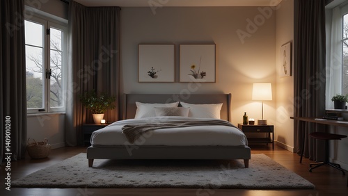 Cozy and Serene Bedroom Interior with Soft Lighting and Decor