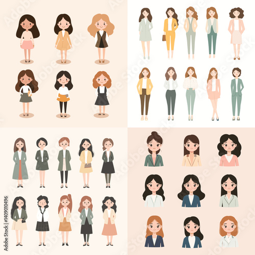 Set of cute cartoon women in different professional outfits and poses. Perfect for business presentations, avatars, infographics, HR, and educational illustrations.

