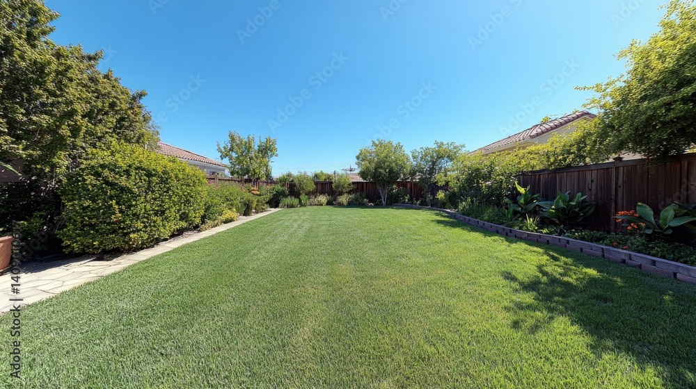 Fototapeta premium An open, sunny backyard with green grass and a wide, cloudless blue sky, no trees around