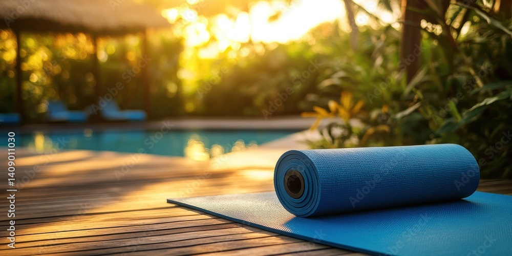 A blue yoga mat rolled up on a wooden deck near a swimming pool at sunset with lush green foliage A blue yoga mat rolled up on a wooden deck near a swimming pool at sunset with lush green foliage
