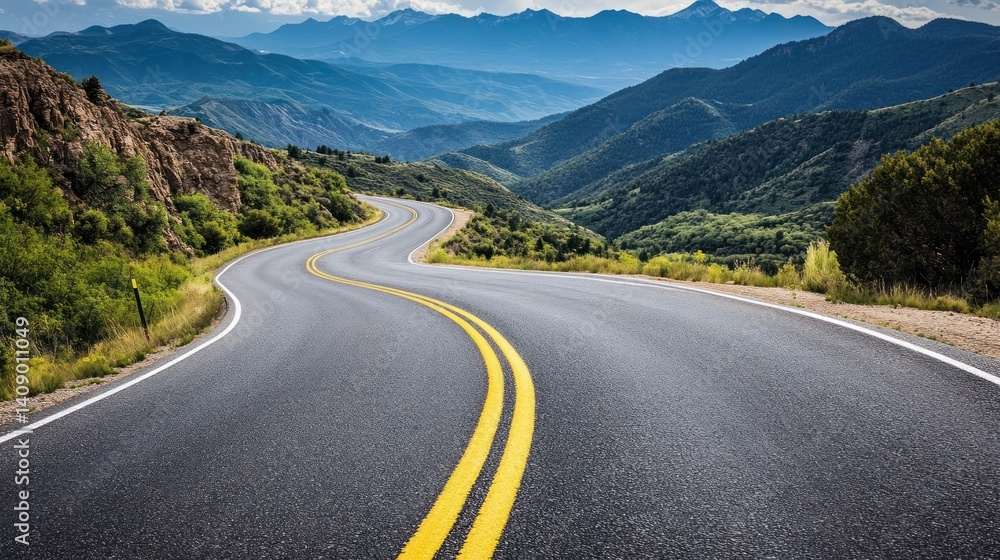 Naklejka premium A winding road curves through a lush, mountainous landscape with vibrant greenery and distant peaks under a blue sky.