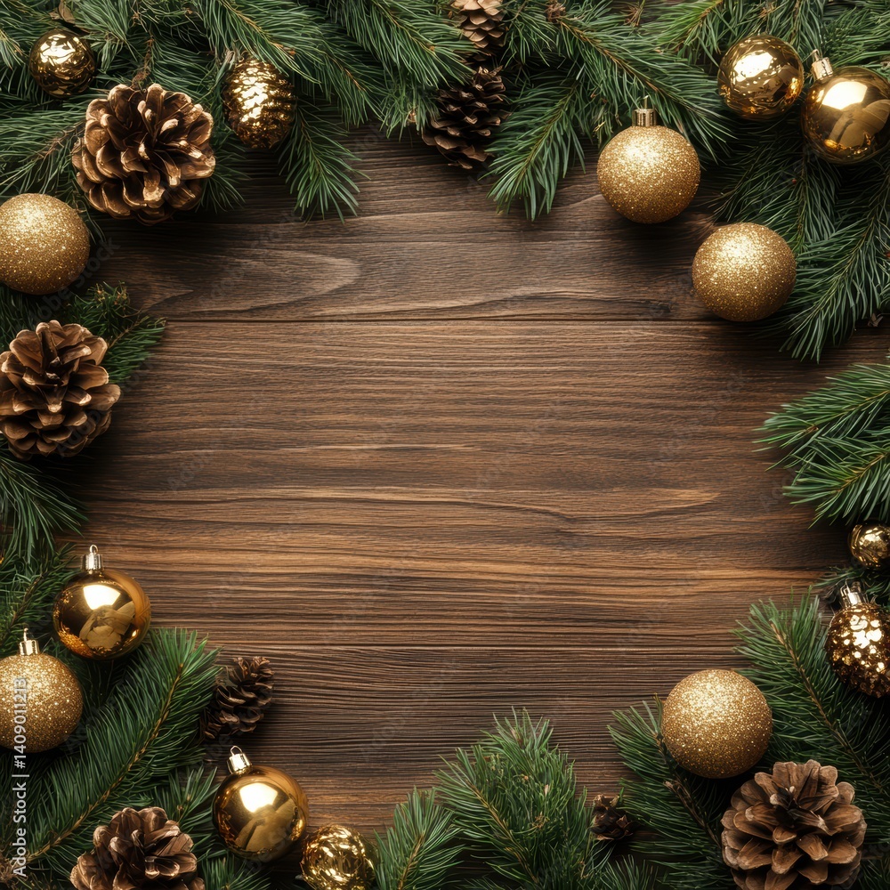 Festive Christmas wreath adorned with pine cones and ornaments on rustic wooden backdrop. Festive Christmas wreath adorned with pine cones and ornaments on rustic wooden backdrop.