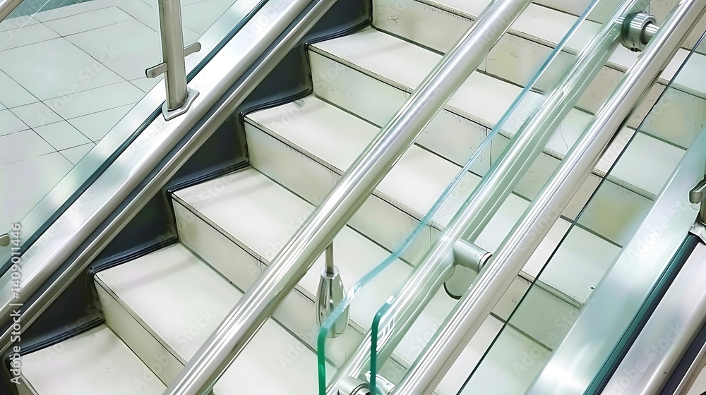 Modern architectural design featuring clean white stairs with stainless steel accents Modern architectural design featuring clean white stairs with stainless steel accents