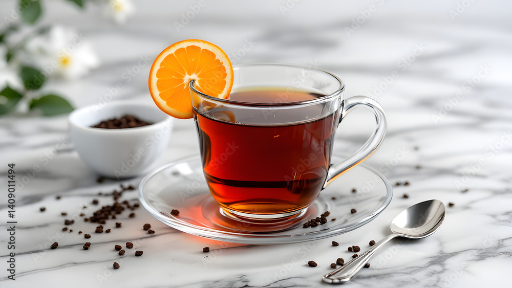 Elegant glass cup of tea with orange slice and marble table background Elegant glass cup of tea with orange slice and marble table background