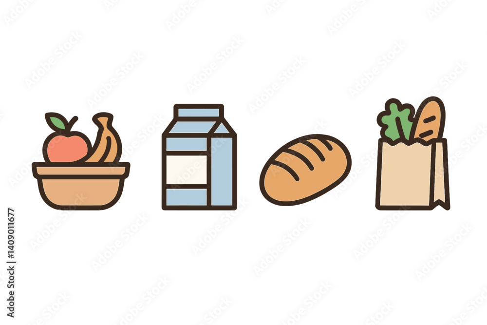 Icon set representing basic grocery items in a flat style