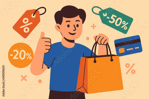 Scene showcasing retail and sales in a flat promotional setting